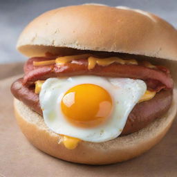 A delicious hotdog on a fresh bun, topped with a perfectly cooked egg showing an inviting yolk