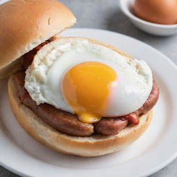 A delicious hotdog on a fresh bun, topped with a perfectly cooked egg showing an inviting yolk