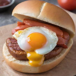 A delicious hotdog on a fresh bun, topped with a perfectly cooked egg showing an inviting yolk