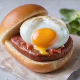 A delicious hotdog on a fresh bun, topped with a perfectly cooked egg showing an inviting yolk