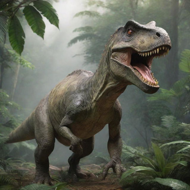 Realistic and detailed image of a ferocious dinosaur in a lush, prehistoric jungle environment