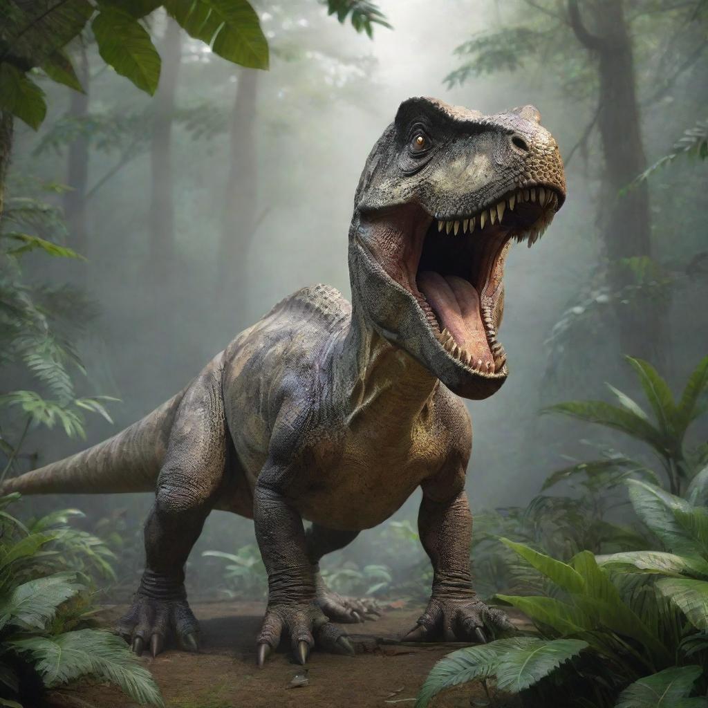 Realistic and detailed image of a ferocious dinosaur in a lush, prehistoric jungle environment