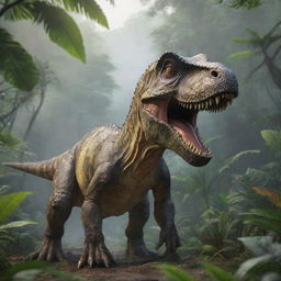 Realistic and detailed image of a ferocious dinosaur in a lush, prehistoric jungle environment