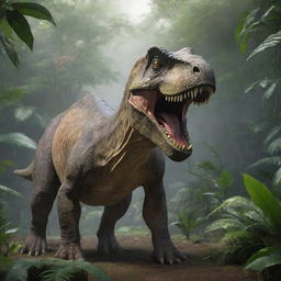 Realistic and detailed image of a ferocious dinosaur in a lush, prehistoric jungle environment