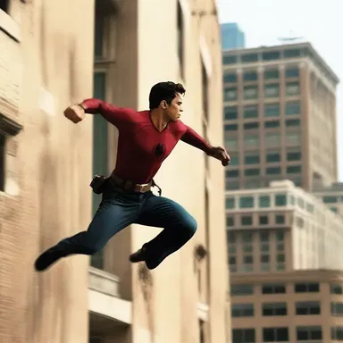 In the action-packed movie, the hero jumps off the building and drop down to the lower level to chase the villain.