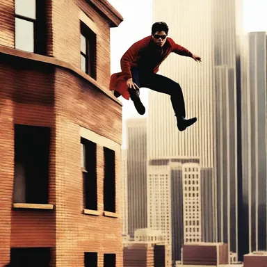 In the action-packed movie, the hero jumps off the building and drop down to the lower level to chase the villain.