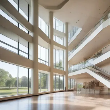 The architectural design of the building incorporated large windows at the axil of each floor to maximize natural light.