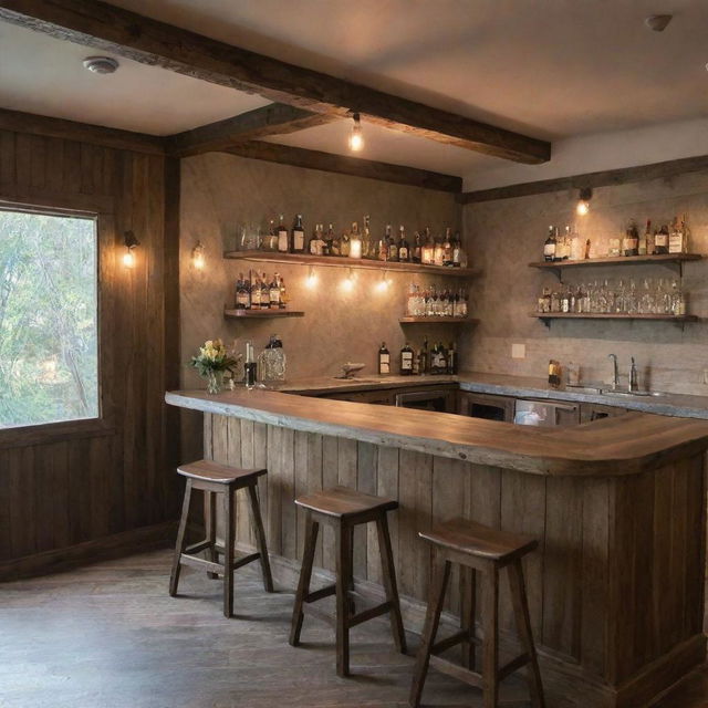 A cozy and welcoming guest house with an adjacent bar, subtly lit and styled with a mix of modern and rustic decor.