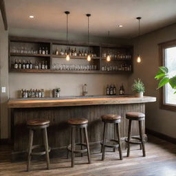 A cozy and welcoming guest house with an adjacent bar, subtly lit and styled with a mix of modern and rustic decor.