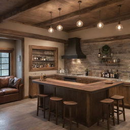 A cozy and welcoming guest house with an adjacent bar, subtly lit and styled with a mix of modern and rustic decor.