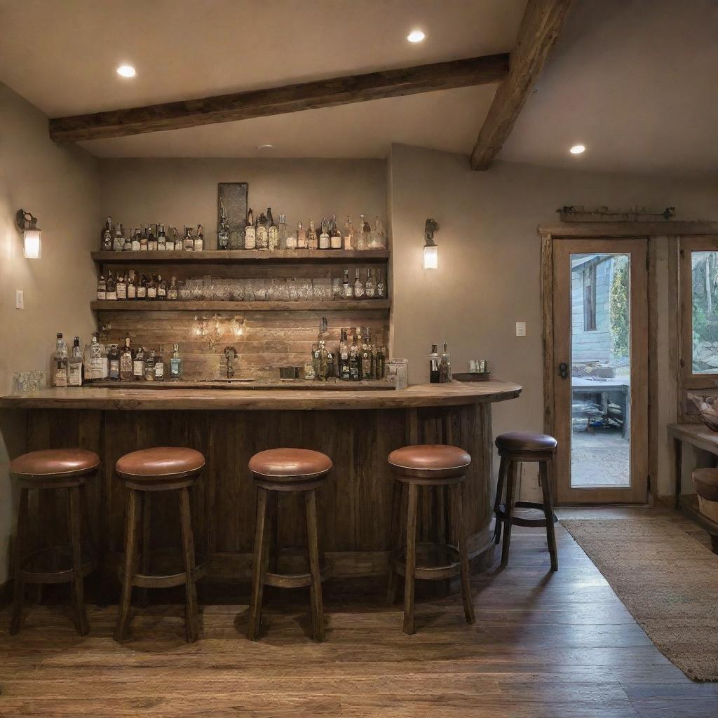 A cozy and welcoming guest house with an adjacent bar, subtly lit and styled with a mix of modern and rustic decor.