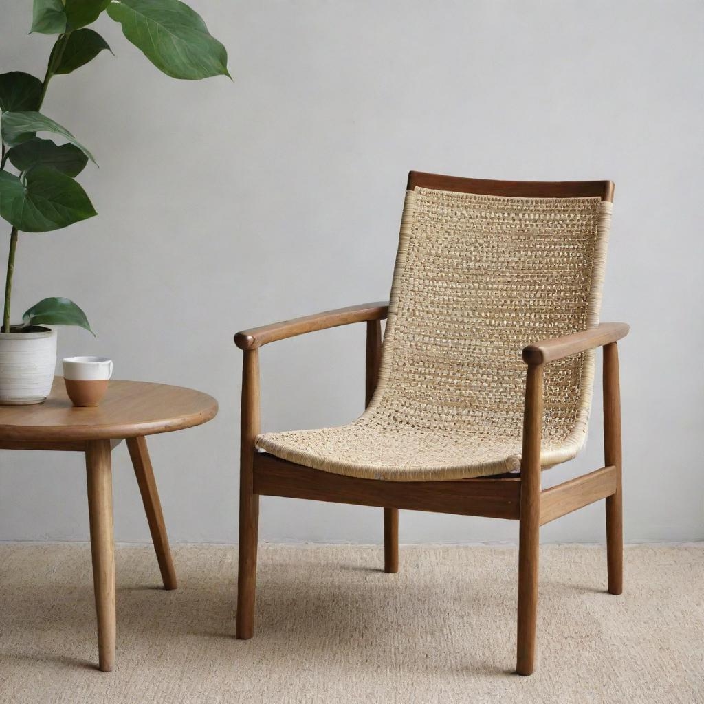 An aesthetically pleasing Scandi Batavia chair, masterfully crafted from teak and neatly woven with rattan, showcasing authentic Scandinavian design.