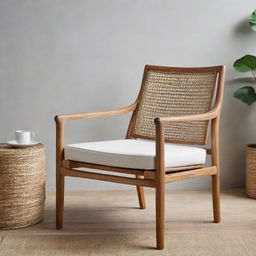 An aesthetically pleasing Scandi Batavia chair, masterfully crafted from teak and neatly woven with rattan, showcasing authentic Scandinavian design.