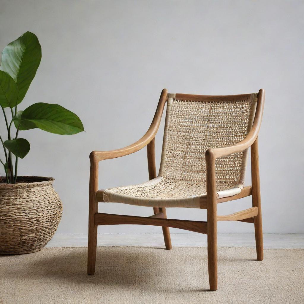 An aesthetically pleasing Scandi Batavia chair, masterfully crafted from teak and neatly woven with rattan, showcasing authentic Scandinavian design.