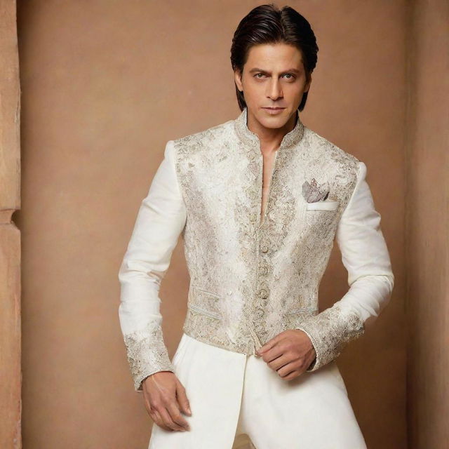 Bollywood actor Shah Rukh Khan in the attire from the movie 'Prem Ratan Dhan Payo', striking a dynamic pose.