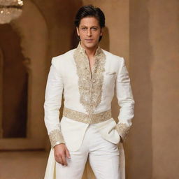 Bollywood actor Shah Rukh Khan in the attire from the movie 'Prem Ratan Dhan Payo', striking a dynamic pose.