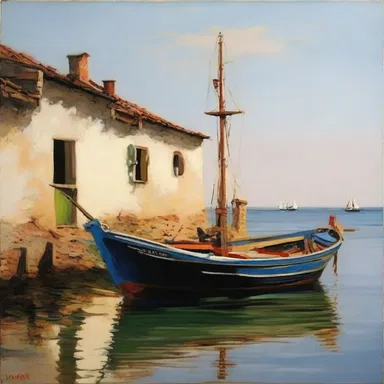 The painting depicted a small fishing boat with a grapnel anchor hanging off the side, adding a touch of authenticity to the scene.