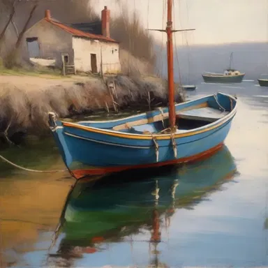 The painting depicted a small fishing boat with a grapnel anchor hanging off the side, adding a touch of authenticity to the scene.