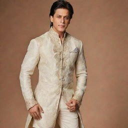 Bollywood actor Shah Rukh Khan in the attire from the movie 'Prem Ratan Dhan Payo', striking a dynamic pose.