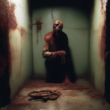 In the dark and eerie basement, the protagonist stumbled upon a rusty grapnel covered in dried blood, sending chills down their spine.