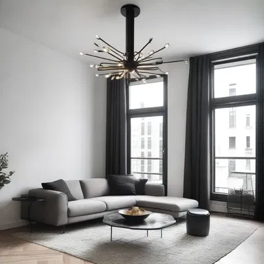 The modern and minimalist interior of the apartment featured a unique grapnel-inspired chandelier, adding an industrial touch to the space.