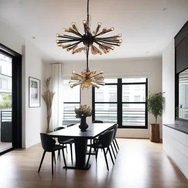 The modern and minimalist interior of the apartment featured a unique grapnel-inspired chandelier, adding an industrial touch to the space.