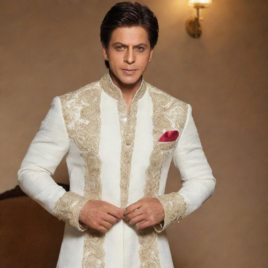 Bollywood actor Shah Rukh Khan in the attire from the movie 'Prem Ratan Dhan Payo', striking a dynamic pose.