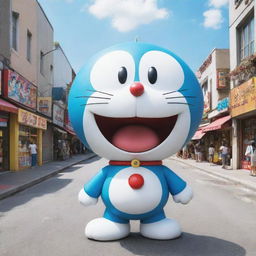 Doraemon, the futuristic robot cat, interacting in the vibrant and comedic world of the Shin Chan cartoon. Maintain the distinct animation styles of both characters