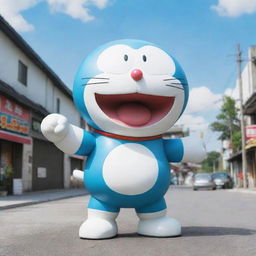 Doraemon, the futuristic robot cat, interacting in the vibrant and comedic world of the Shin Chan cartoon. Maintain the distinct animation styles of both characters