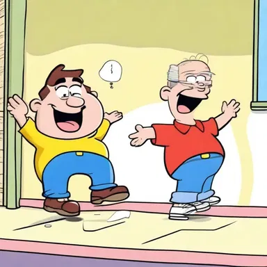 In the cartoon, the main character constantly faces outrageous scenarios that make him crack up with hysterical laughter.