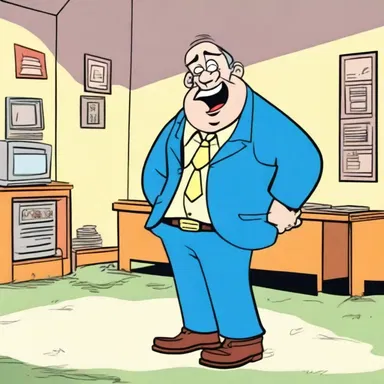 In the cartoon, the main character constantly faces outrageous scenarios that make him crack up with hysterical laughter.