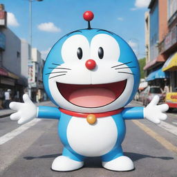 Doraemon, the futuristic robot cat, interacting in the vibrant and comedic world of the Shin Chan cartoon. Maintain the distinct animation styles of both characters