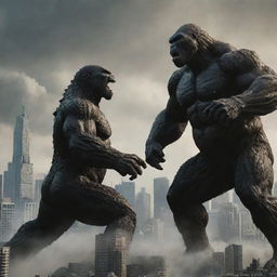 An epic duel between Godzilla and King Kong set against a cityscape, highlighting their colossal sizes and fearsome features.