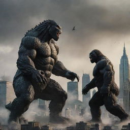 An epic duel between Godzilla and King Kong set against a cityscape, highlighting their colossal sizes and fearsome features.