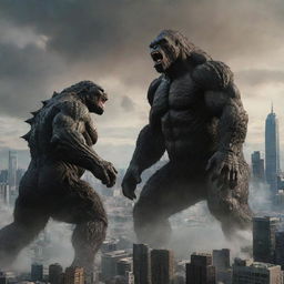 An epic duel between Godzilla and King Kong set against a cityscape, highlighting their colossal sizes and fearsome features.