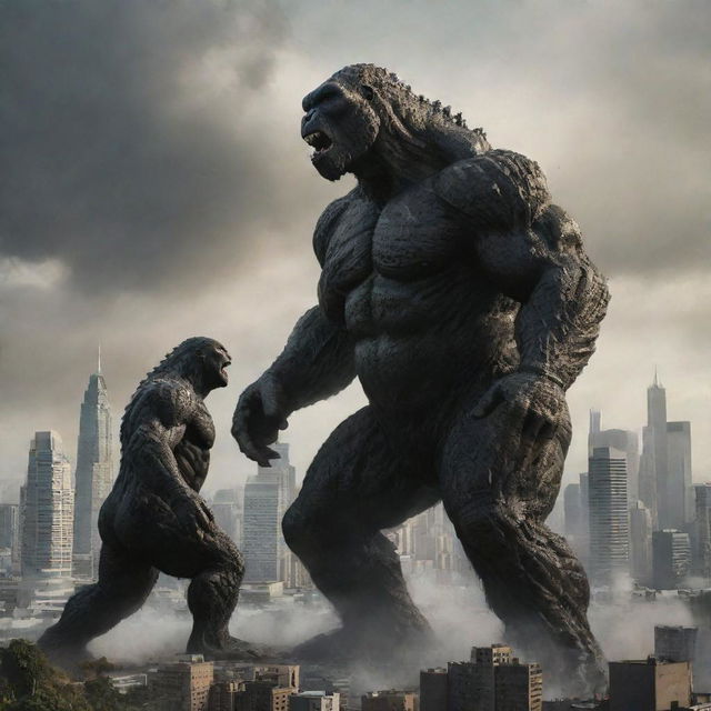 An epic duel between Godzilla and King Kong set against a cityscape, highlighting their colossal sizes and fearsome features.