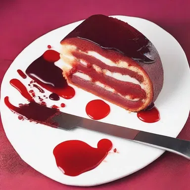 As the knife sliced through the jellyroll cake, it revealed a gruesome scene of blood-red jelly oozing out.
