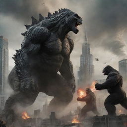 A dramatic depiction of Godzilla and King Kong locked in an epic battle amidst a chaotic cityscape.