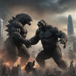 A dramatic depiction of Godzilla and King Kong locked in an epic battle amidst a chaotic cityscape.