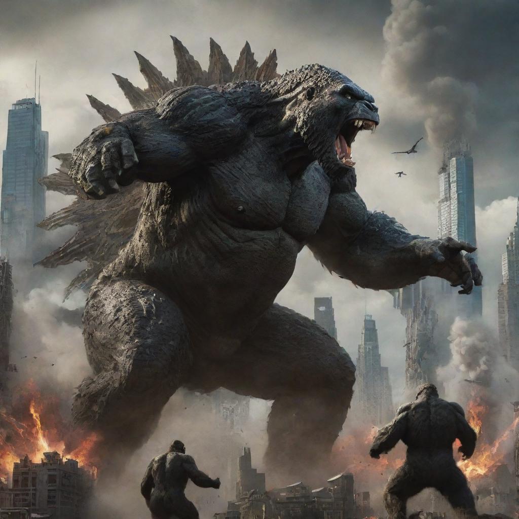 A dramatic depiction of Godzilla and King Kong locked in an epic battle amidst a chaotic cityscape.