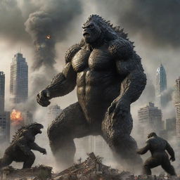 A dramatic depiction of Godzilla and King Kong locked in an epic battle amidst a chaotic cityscape.