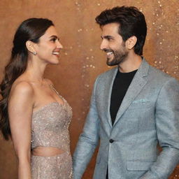 Bollywood actors Deepika Padukone and Kartik Aryan, elegantly dressed, sharing a jovial moment against a glitzy event backdrop.