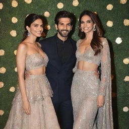 Bollywood actors Deepika Padukone and Kartik Aryan, elegantly dressed, sharing a jovial moment against a glitzy event backdrop.