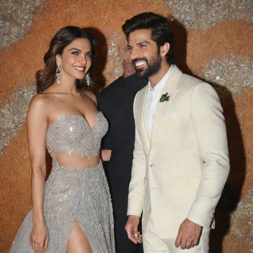 Bollywood actors Deepika Padukone and Kartik Aryan, elegantly dressed, sharing a jovial moment against a glitzy event backdrop.