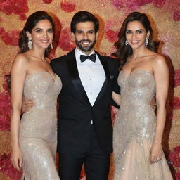 Bollywood actors Deepika Padukone and Kartik Aryan, elegantly dressed, sharing a jovial moment against a glitzy event backdrop.