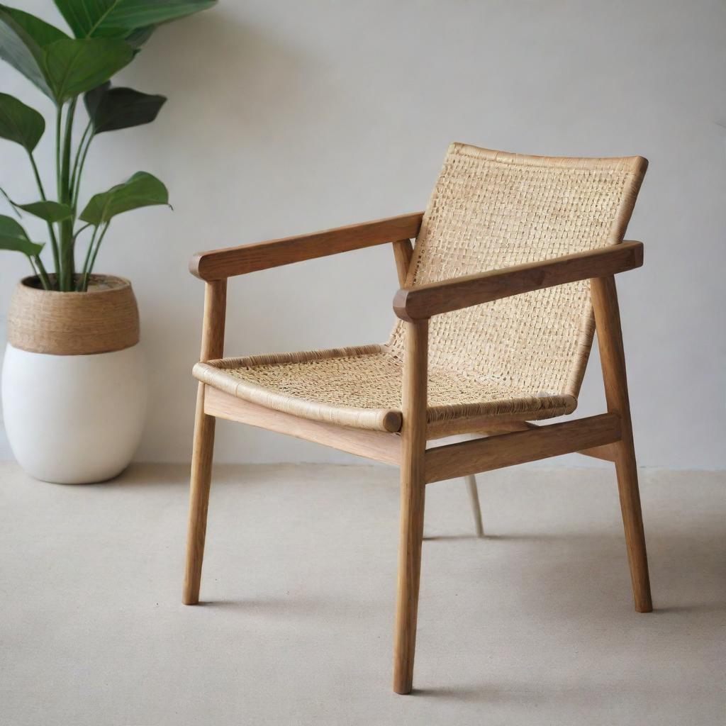 A modern Scandi Batavia chair, skilfully constructed from teak wood and tastefully woven with rattan, embodying the clean, minimalist lines of contemporary Scandinavian design.