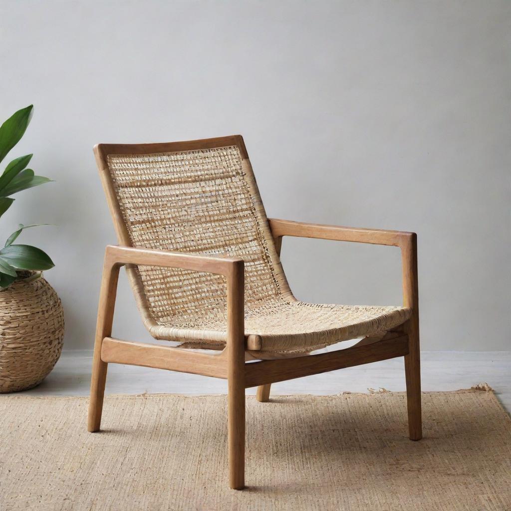 A modern Scandi Batavia chair, skilfully constructed from teak wood and tastefully woven with rattan, embodying the clean, minimalist lines of contemporary Scandinavian design.