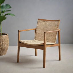 A modern Scandi Batavia chair, skilfully constructed from teak wood and tastefully woven with rattan, embodying the clean, minimalist lines of contemporary Scandinavian design.