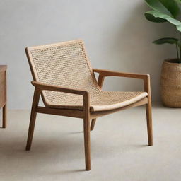 A modern Scandi Batavia chair, skilfully constructed from teak wood and tastefully woven with rattan, embodying the clean, minimalist lines of contemporary Scandinavian design.