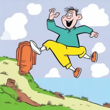 In the cartoon, the character miscalculated the distance of the jump and fell short, resulting in a humorous outcome.